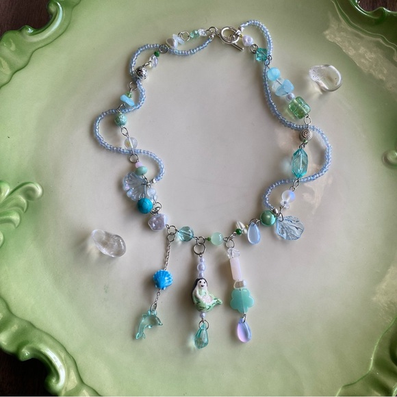 Mermaid Charm Necklace Silver Chain Mixed Beads Pendant Ocean Mermaidcore Blues - Picture 4 of 10